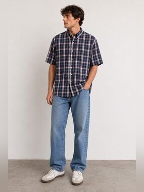 Joseph & Feiss Navy Multi-Colour Plaid Short Sleeve Button-Up Shirt Men’s Large